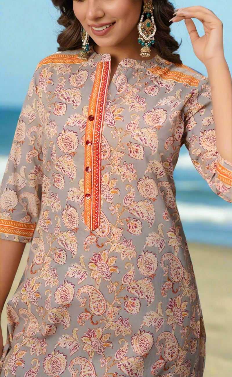 Grey Jaipur Cotton Kurti With Pant And Crushed Dupatta Set.Pure Versatile Cotton. | Laces and Frills - Laces and Frills