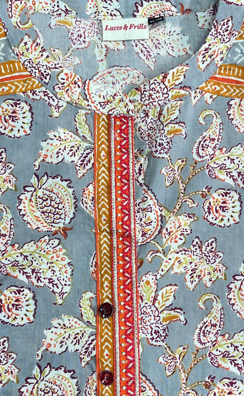 Grey Jaipur Cotton Kurti With Pant And Crushed Dupatta Set.Pure Versatile Cotton. | Laces and Frills - Laces and Frills