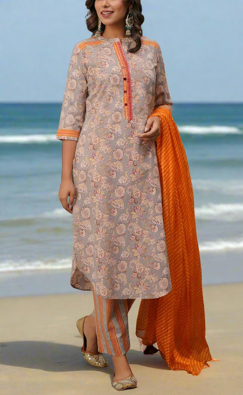 Grey Jaipur Cotton Kurti With Pant And Crushed Dupatta Set.Pure Versatile Cotton. | Laces and Frills - Laces and Frills