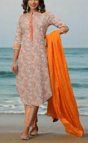 Grey Jaipur Cotton Kurti With Pant And Crushed Dupatta Set.Pure Versatile Cotton. | Laces and Frills - Laces and Frills