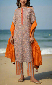 Grey Jaipur Cotton Kurti With Pant And Crushed Dupatta Set.Pure Versatile Cotton. | Laces and Frills - Laces and Frills