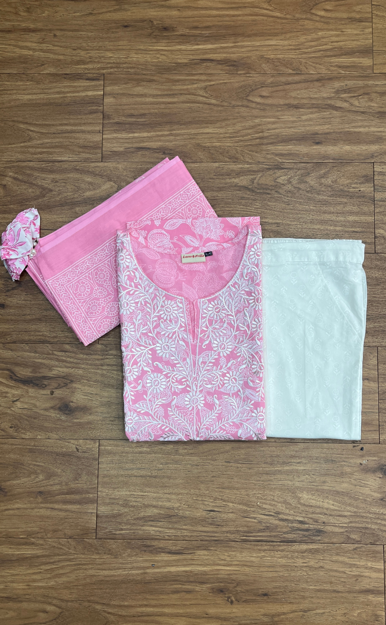 Baby Pink Embroidery Jaipur Cotton Kurti With Pant And Dupatta Set.Pure Versatile Cotton. | Laces and Frills - Laces and Frills