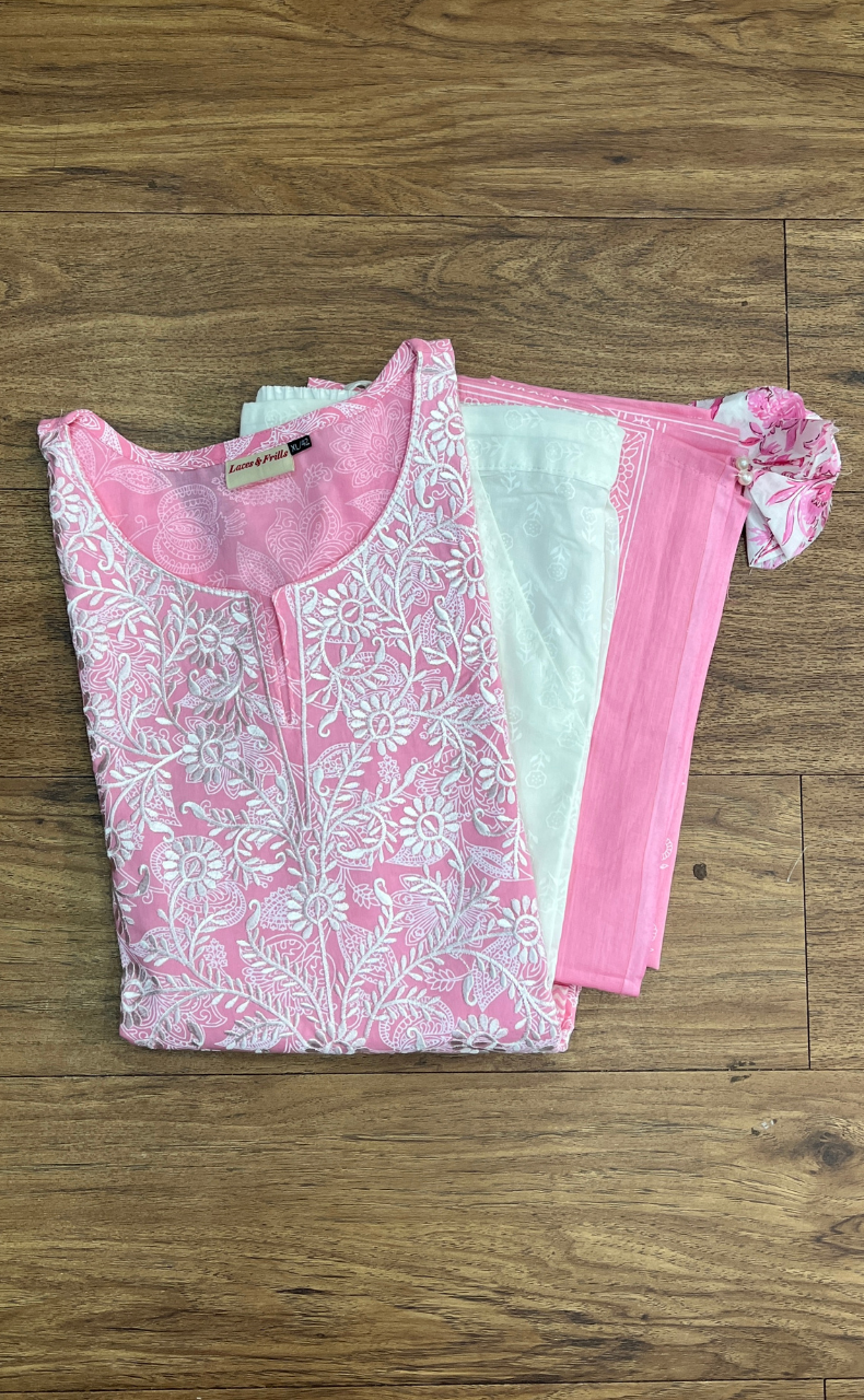 Baby Pink Embroidery Jaipur Cotton Kurti With Pant And Dupatta Set.Pure Versatile Cotton. | Laces and Frills - Laces and Frills