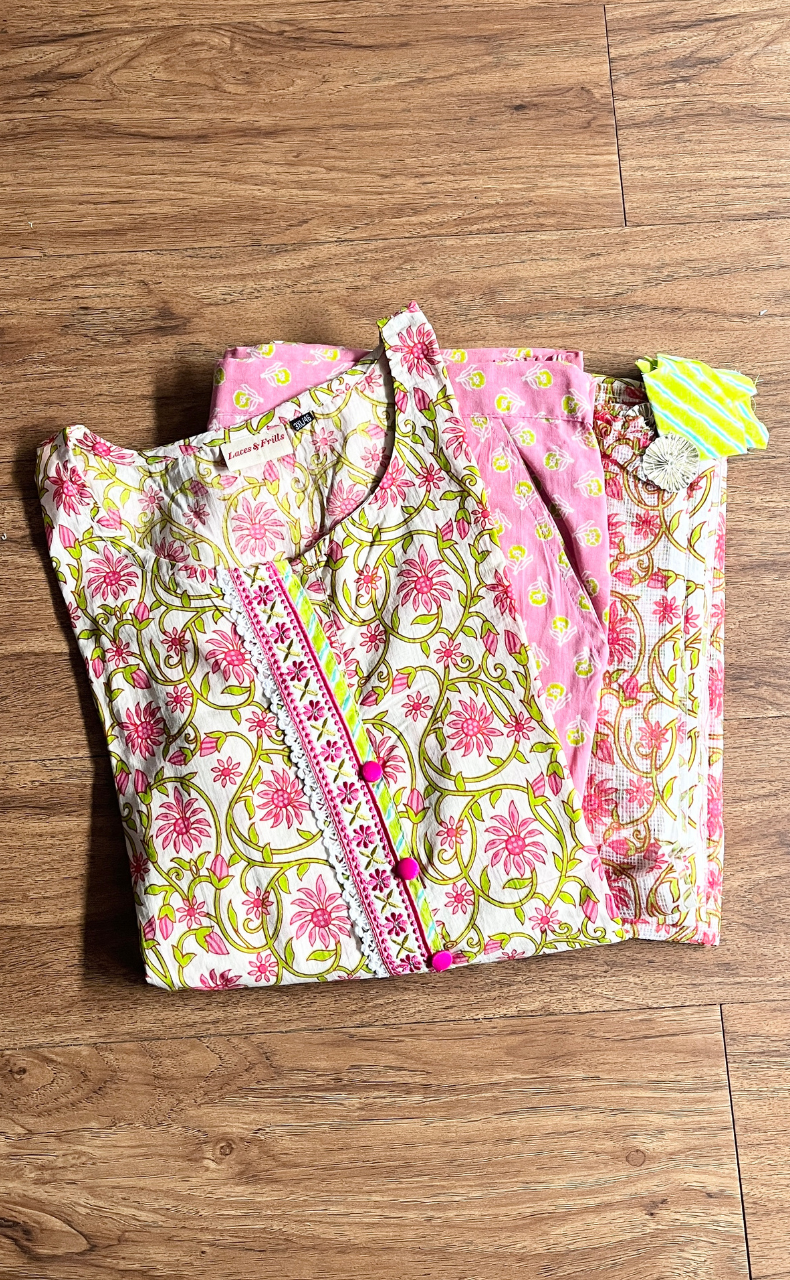 Pink Embroidery Jaipur Cotton Kurti With Pant And Dupatta Set.Pure Versatile Cotton. | Laces and Frills - Laces and Frills