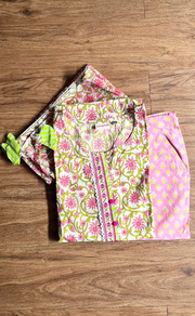 Pink Embroidery Jaipur Cotton Kurti With Pant And Dupatta Set.Pure Versatile Cotton. | Laces and Frills - Laces and Frills