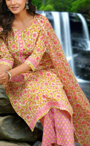 Pink Embroidery Jaipur Cotton Kurti With Pant And Dupatta Set.Pure Versatile Cotton. | Laces and Frills - Laces and Frills