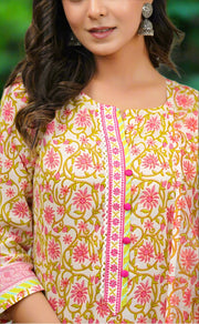 Pink Embroidery Jaipur Cotton Kurti With Pant And Dupatta Set.Pure Versatile Cotton. | Laces and Frills - Laces and Frills