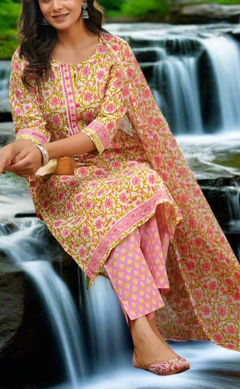 Pink Embroidery Jaipur Cotton Kurti With Pant And Dupatta Set.Pure Versatile Cotton. | Laces and Frills - Laces and Frills
