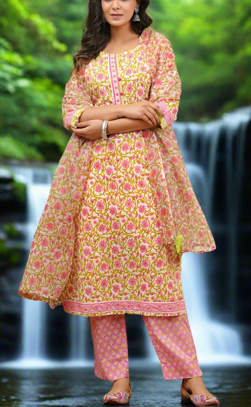 Pink Embroidery Jaipur Cotton Kurti With Pant And Dupatta Set.Pure Versatile Cotton. | Laces and Frills - Laces and Frills