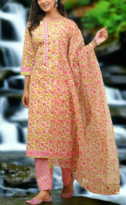 Pink Embroidery Jaipur Cotton Kurti With Pant And Dupatta Set.Pure Versatile Cotton. | Laces and Frills - Laces and Frills