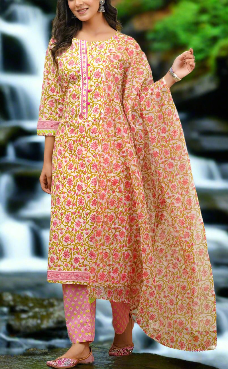 Pink Embroidery Jaipur Cotton Kurti With Pant And Dupatta Set.Pure Versatile Cotton. | Laces and Frills - Laces and Frills