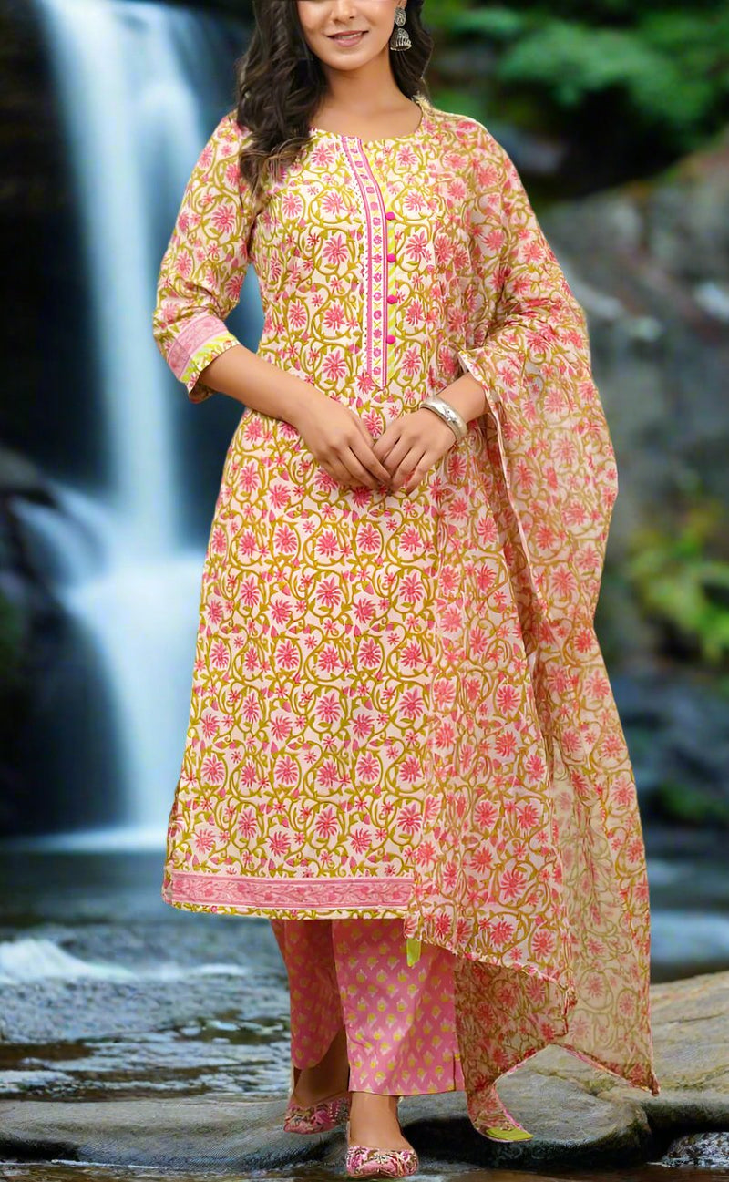 Pink Embroidery Jaipur Cotton Kurti With Pant And Dupatta Set.Pure Versatile Cotton. | Laces and Frills - Laces and Frills