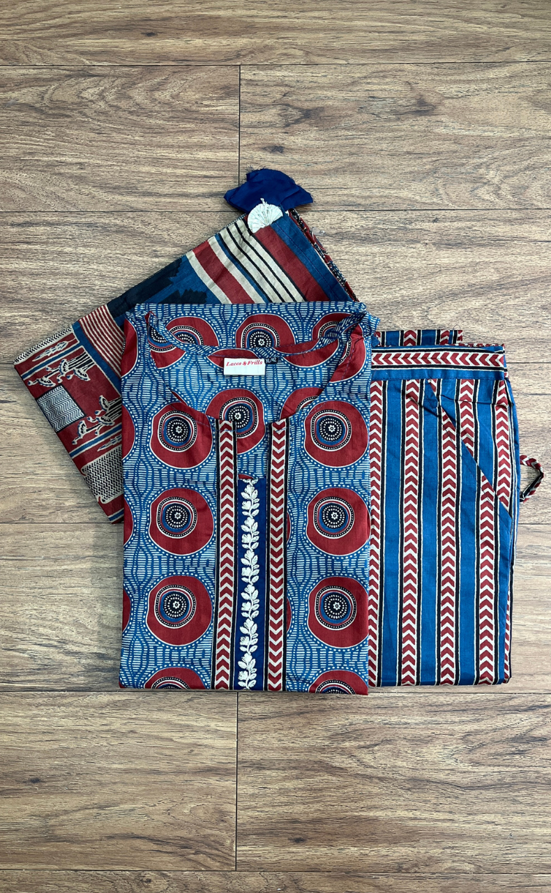 Blue Abstract Jaipur Cotton Kurti With Pant And Dupatta Set.Pure Versatile Cotton. | Laces and Frills - Laces and Frills