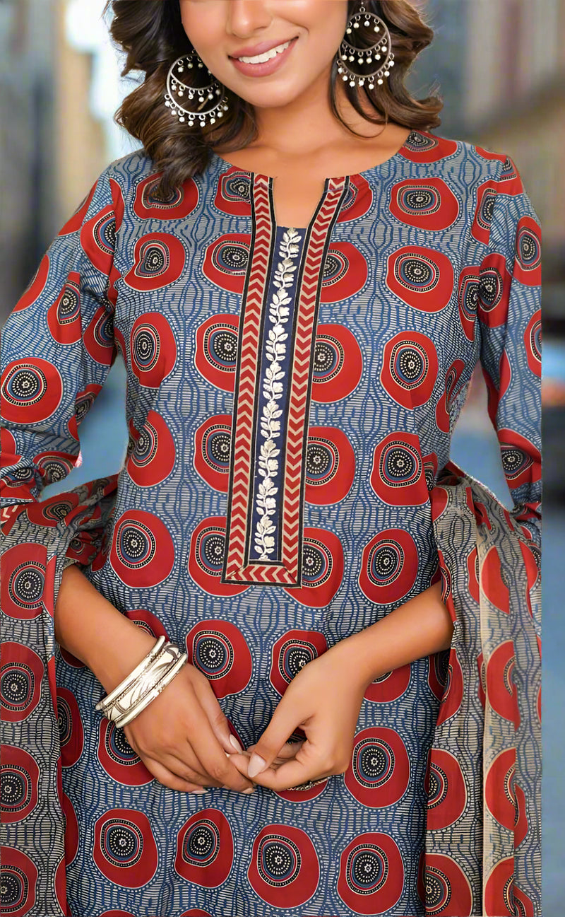 Blue Abstract Jaipur Cotton Kurti With Pant And Dupatta Set.Pure Versatile Cotton. | Laces and Frills - Laces and Frills