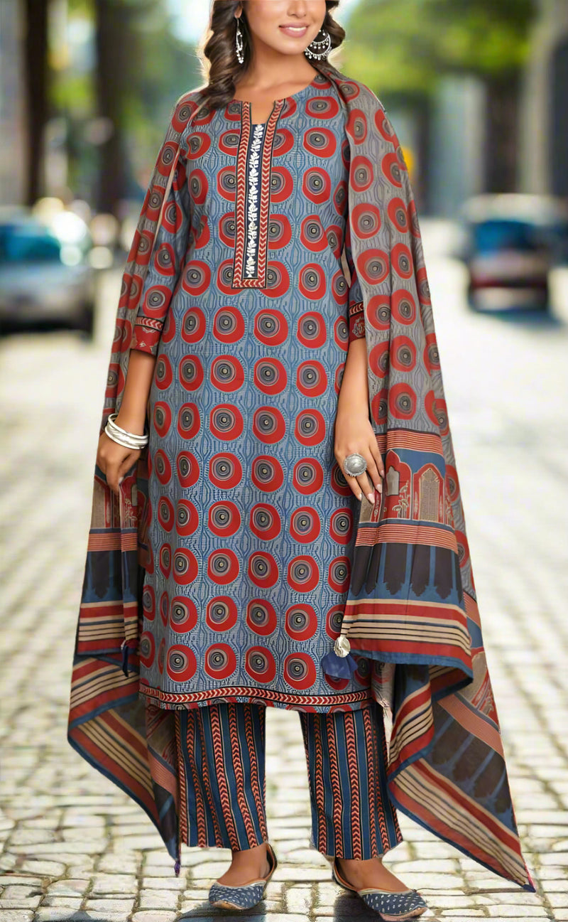 Blue Abstract Jaipur Cotton Kurti With Pant And Dupatta Set.Pure Versatile Cotton. | Laces and Frills - Laces and Frills