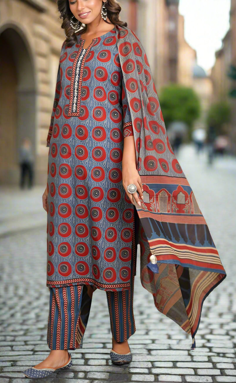 Blue Abstract Jaipur Cotton Kurti With Pant And Dupatta Set.Pure Versatile Cotton. | Laces and Frills - Laces and Frills