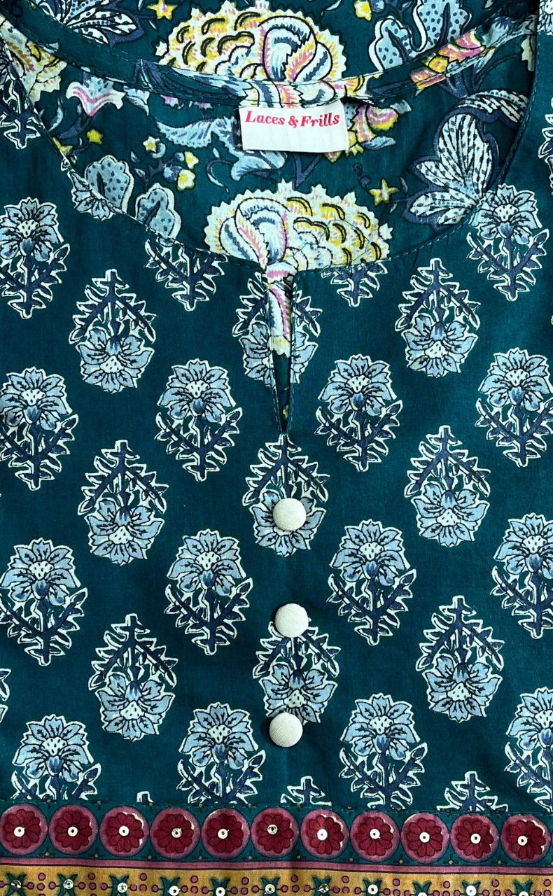 Bottle Green Garden Jaipur Cotton Kurti With Pant And Dupatta Set.Pure Versatile Cotton. | Laces and Frills - Laces and Frills