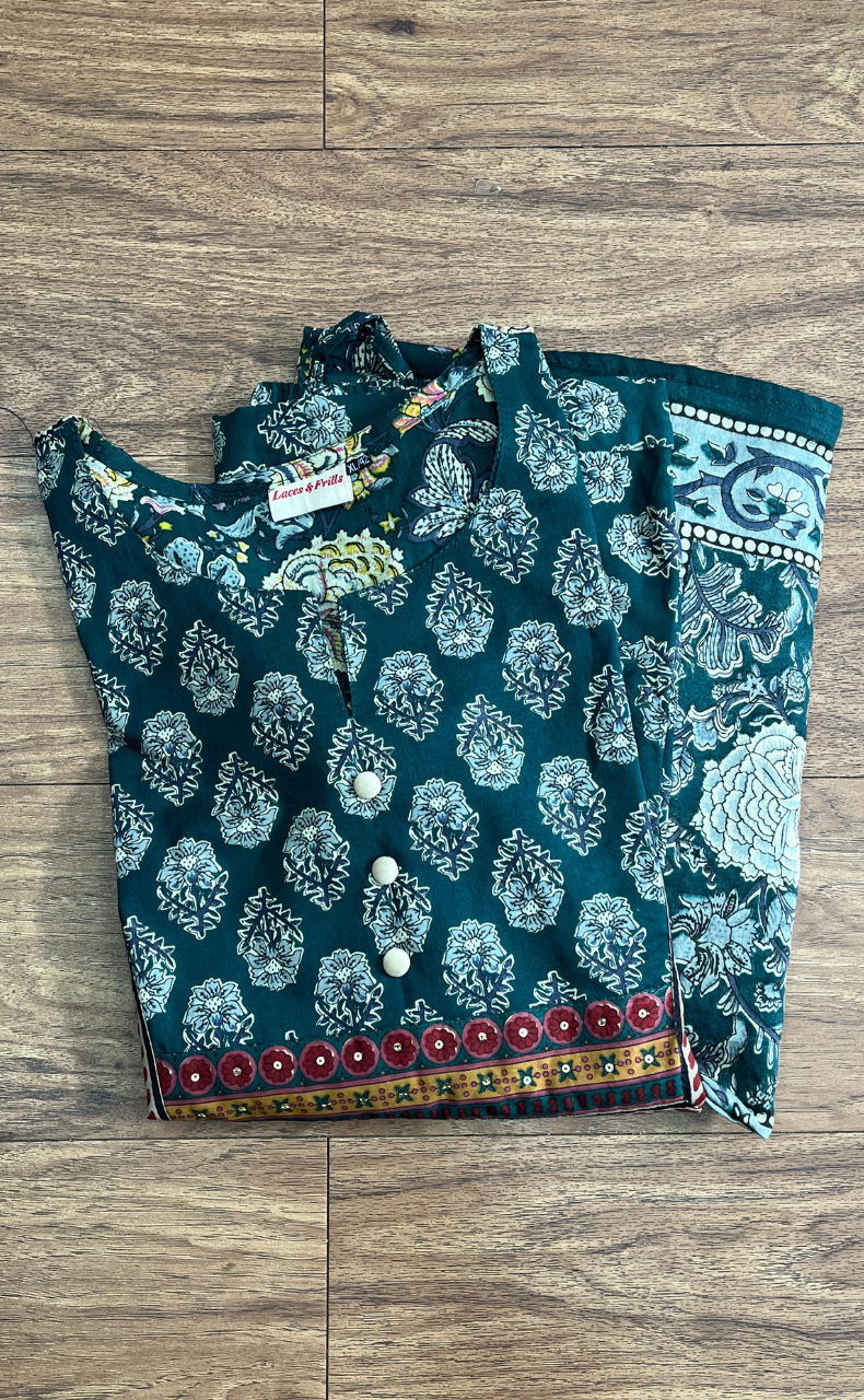 Bottle Green Garden Jaipur Cotton Kurti With Pant And Dupatta Set.Pure Versatile Cotton. | Laces and Frills - Laces and Frills