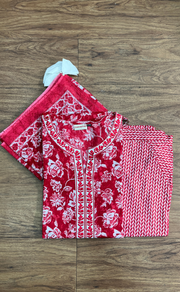 Red Garden Jaipur Cotton Kurti With Pant And Dupatta Set.Pure Versatile Cotton. | Laces and Frills - Laces and Frills