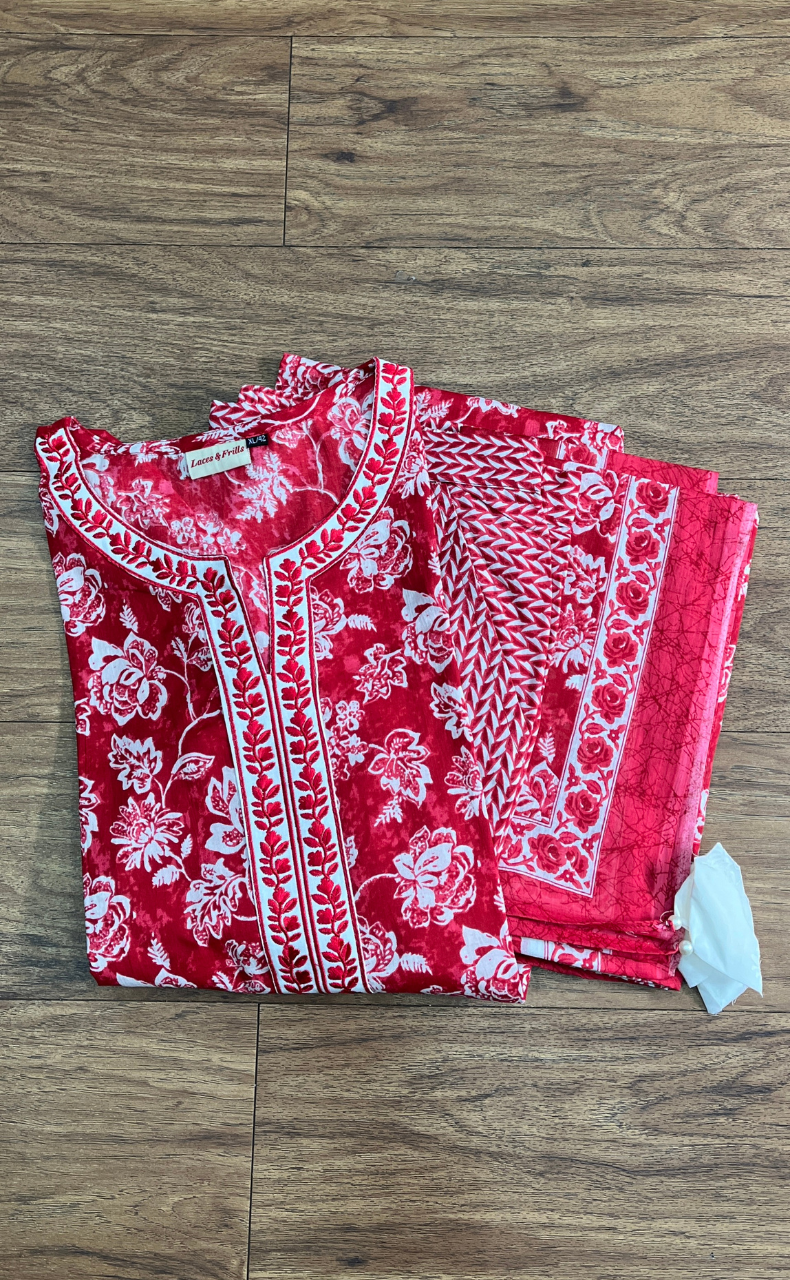 Red Garden Jaipur Cotton Kurti With Pant And Dupatta Set.Pure Versatile Cotton. | Laces and Frills - Laces and Frills