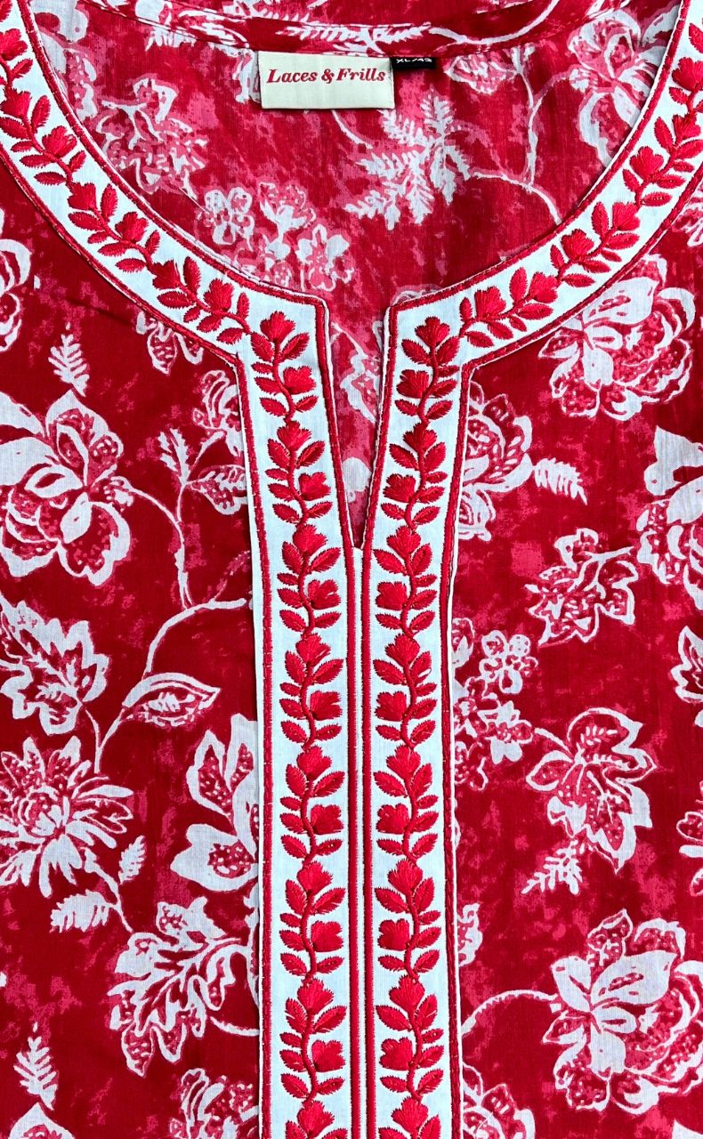 Red Garden Jaipur Cotton Kurti With Pant And Dupatta Set.Pure Versatile Cotton. | Laces and Frills - Laces and Frills