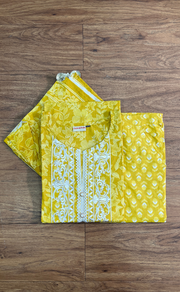 Yellow Embroidery Jaipur Cotton Kurti With Pant And Dupatta Set.Pure Versatile Cotton. | Laces and Frills - Laces and Frills