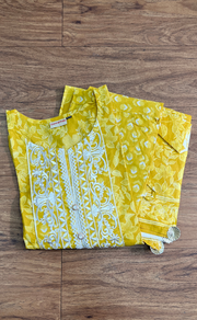 Yellow Embroidery Jaipur Cotton Kurti With Pant And Dupatta Set.Pure Versatile Cotton. | Laces and Frills - Laces and Frills