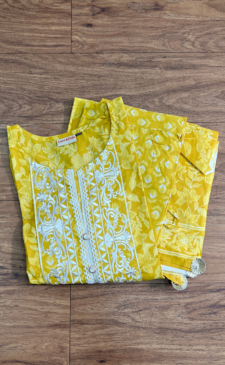 Yellow Embroidery Jaipur Cotton Kurti With Pant And Dupatta Set.Pure Versatile Cotton. | Laces and Frills - Laces and Frills