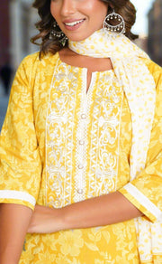 Yellow Embroidery Jaipur Cotton Kurti With Pant And Dupatta Set.