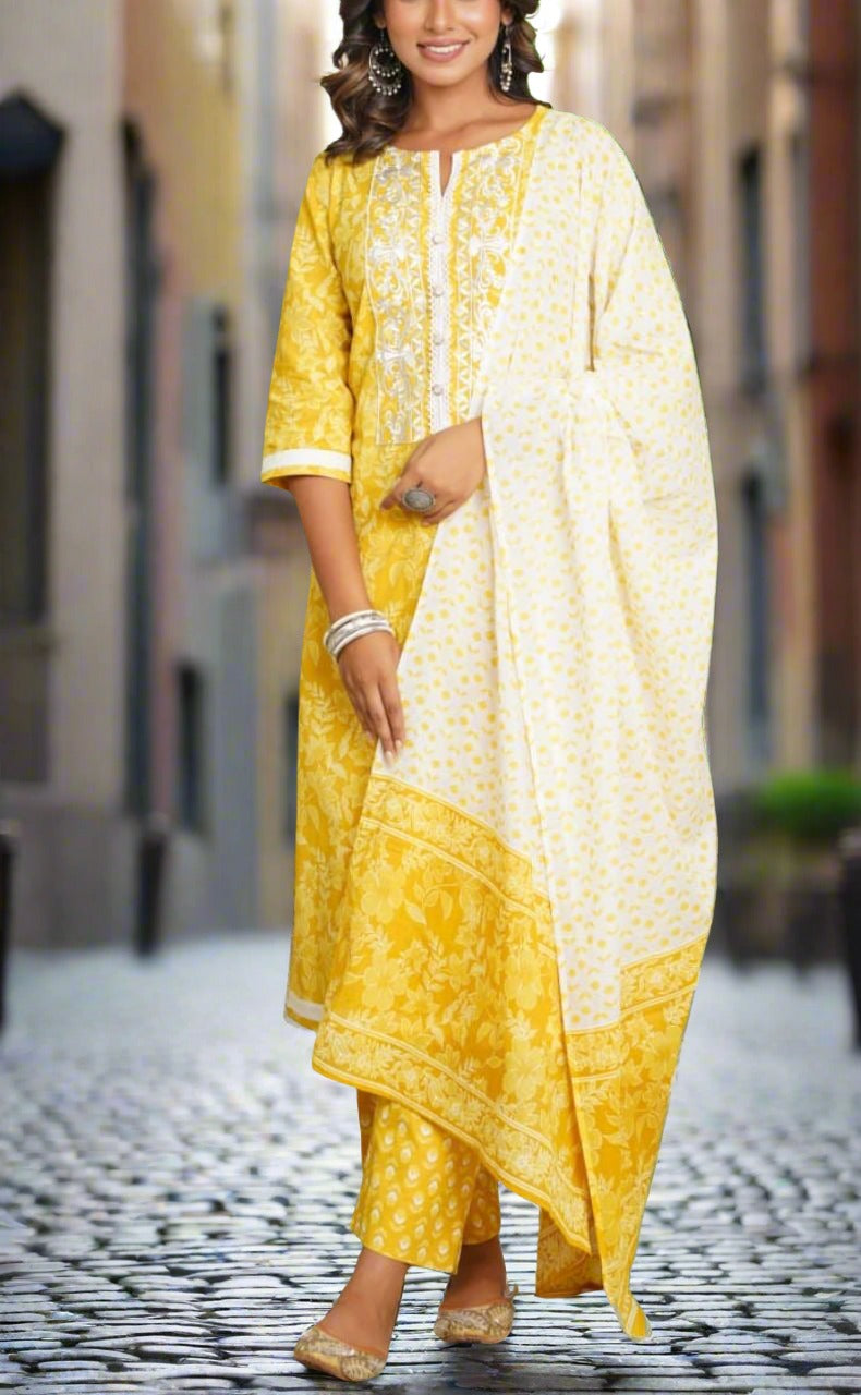 Yellow - Jaipur Print Patchwork Cotton Unstitched Kurta Material (2.7m) 46