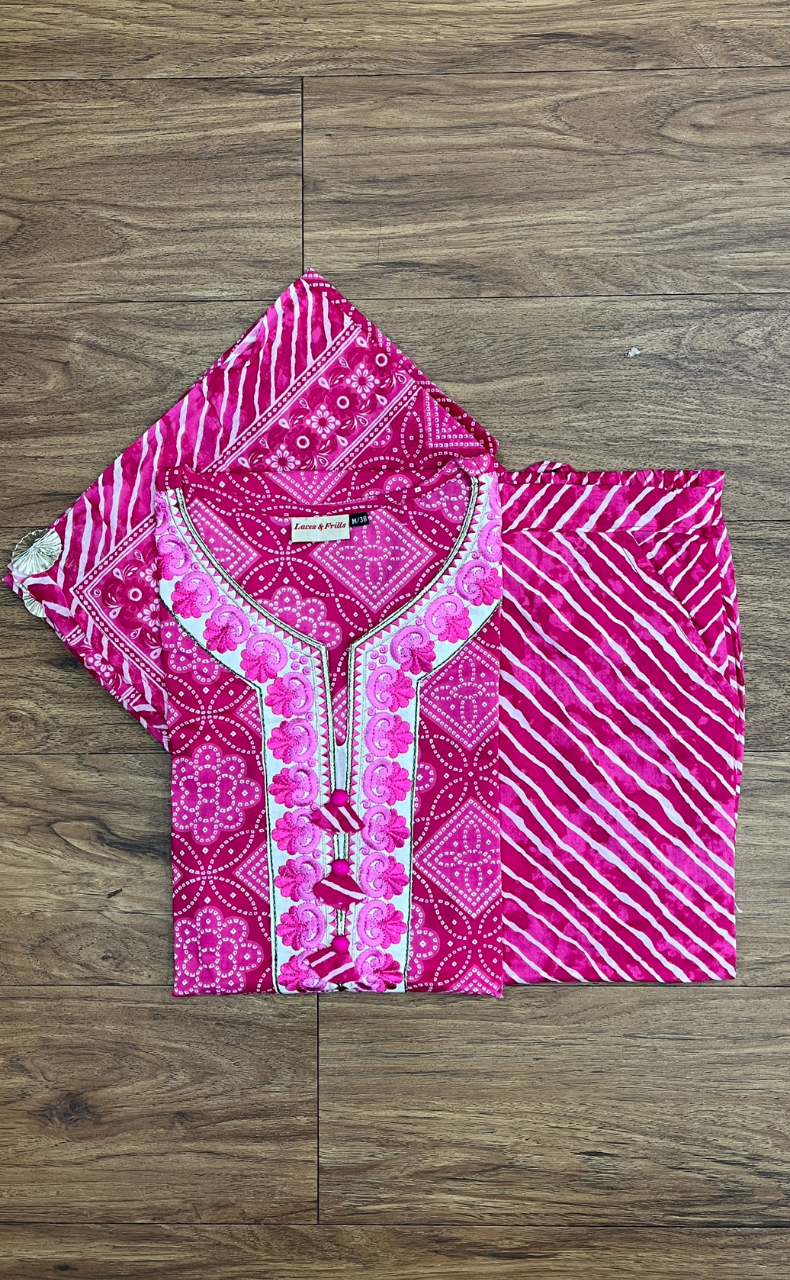 Pink Embroidery Jaipur Cotton Kurti With Pant And Dupatta Set.Pure Versatile Cotton. | Laces and Frills - Laces and Frills