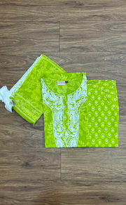 Arctic Lime Green Embroidery Jaipur Cotton Kurti With Pant And Dupatta Set.Pure Versatile Cotton. | Laces and Frills - Laces and Frills