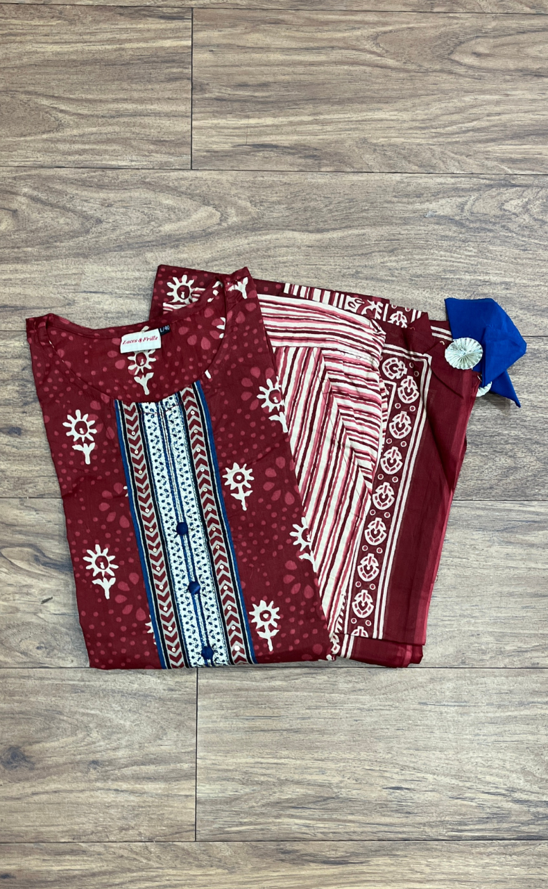 Maroon Floral Jaipur Cotton Kurti With Pant And Dupatta Set.Pure Versatile Cotton. | Laces and Frills - Laces and Frills