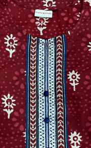 Maroon Floral Jaipur Cotton Kurti With Pant And Dupatta Set.Pure Versatile Cotton. | Laces and Frills - Laces and Frills