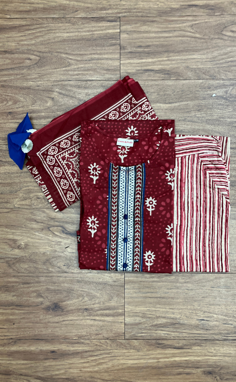 Maroon Floral Jaipur Cotton Kurti With Pant And Dupatta Set.Pure Versatile Cotton. | Laces and Frills - Laces and Frills