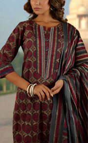 Beige/Maroon Ajrakh Print Cotton Kurti With Pant And Dupatta Set. Pure Versatile Cotton. | Laces and Frills