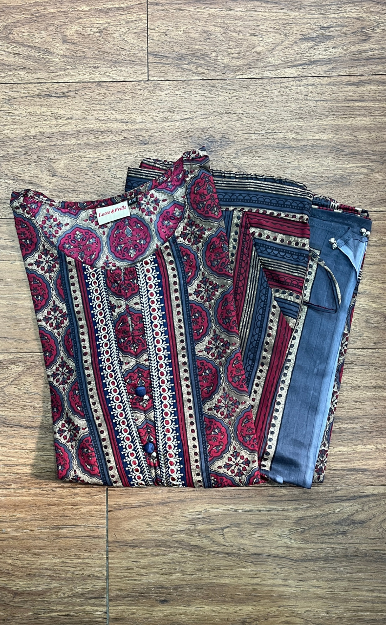 Beige/Maroon Ajrakh Print Cotton Kurti With Pant And Dupatta Set. Pure Versatile Cotton. | Laces and Frills - Laces and Frills