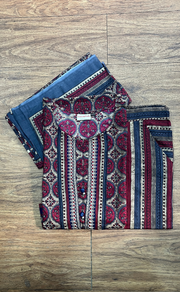 Beige/Maroon Ajrakh Print Cotton Kurti With Pant And Dupatta Set. Pure Versatile Cotton. | Laces and Frills - Laces and Frills