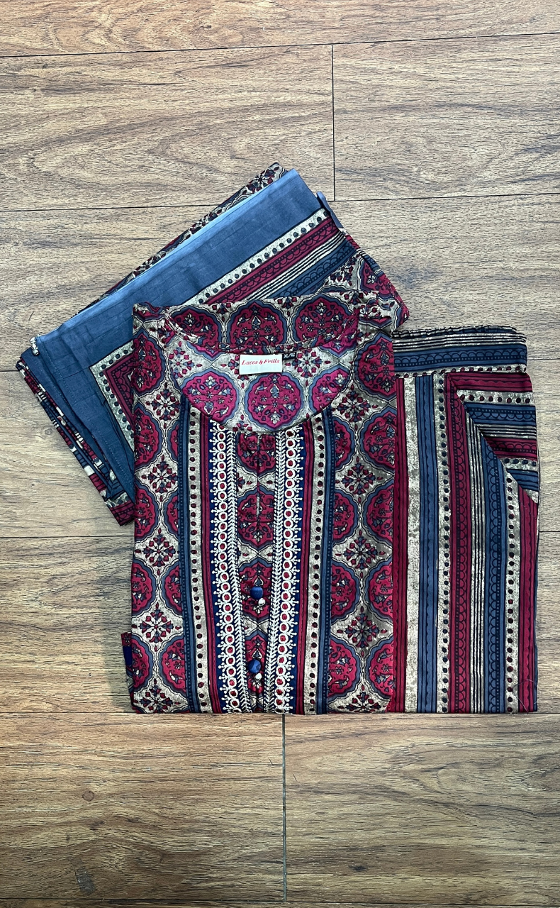 Beige/Maroon Ajrakh Print Cotton Kurti With Pant And Dupatta Set. Pure Versatile Cotton. | Laces and Frills - Laces and Frills