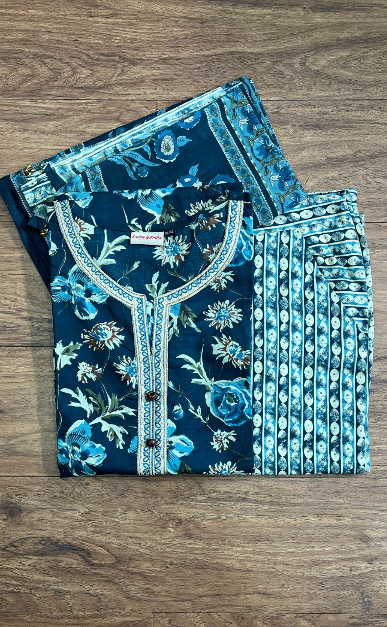 Navy Blue Garden Cotton Kurti With Pant And Dupatta Set.Pure Versatile Cotton. | Laces and Frills - Laces and Frills