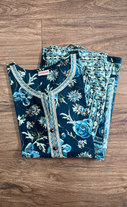 Navy Blue Garden Cotton Kurti With Pant And Dupatta Set.Pure Versatile Cotton. | Laces and Frills - Laces and Frills