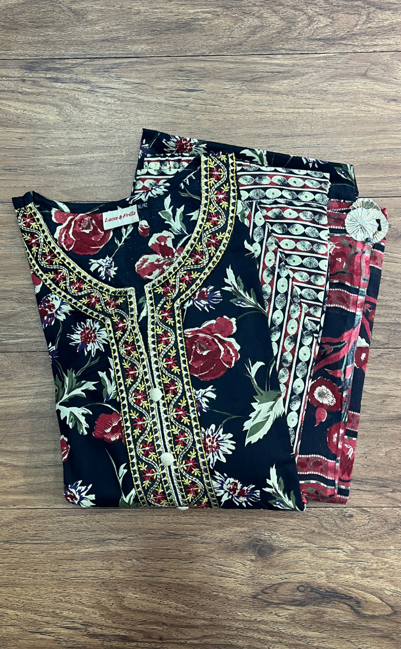 Black Garden Jaipur Cotton Kurti With Pant And Dupatta Set.Pure Versatile Cotton. | Laces and Frills - Laces and Frills