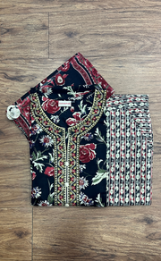Black Garden Jaipur Cotton Kurti With Pant And Dupatta Set.Pure Versatile Cotton. | Laces and Frills - Laces and Frills