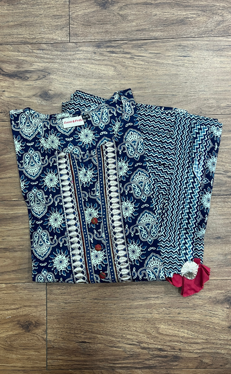 Indigo Blue Garden Cotton Kurti With Pant And Dupatta Set.Pure Versatile Cotton. | Laces and Frills - Laces and Frills