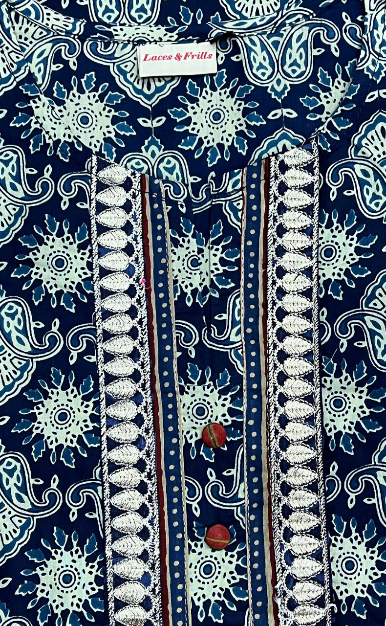 Indigo Blue Garden Cotton Kurti With Pant And Dupatta Set.Pure Versatile Cotton. | Laces and Frills