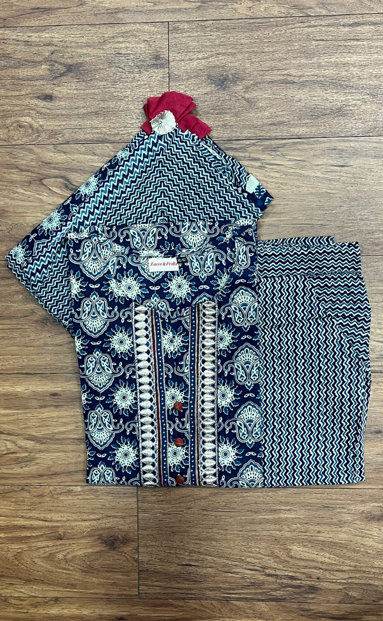 Indigo Blue Garden Cotton Kurti With Pant And Dupatta Set.Pure Versatile Cotton. | Laces and Frills - Laces and Frills