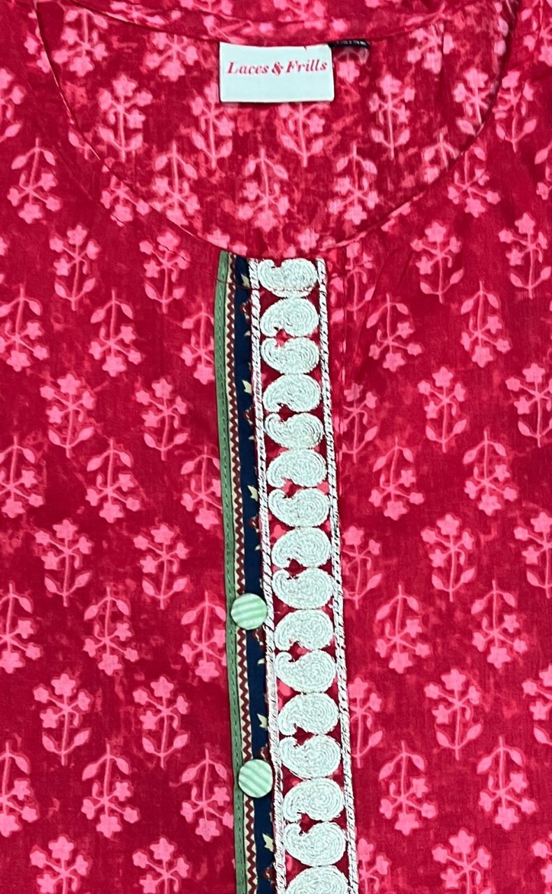 Red Floral Cotton Kurti With Pant And Dupatta Set. Pure Versatile Cotton. | Laces and Frills