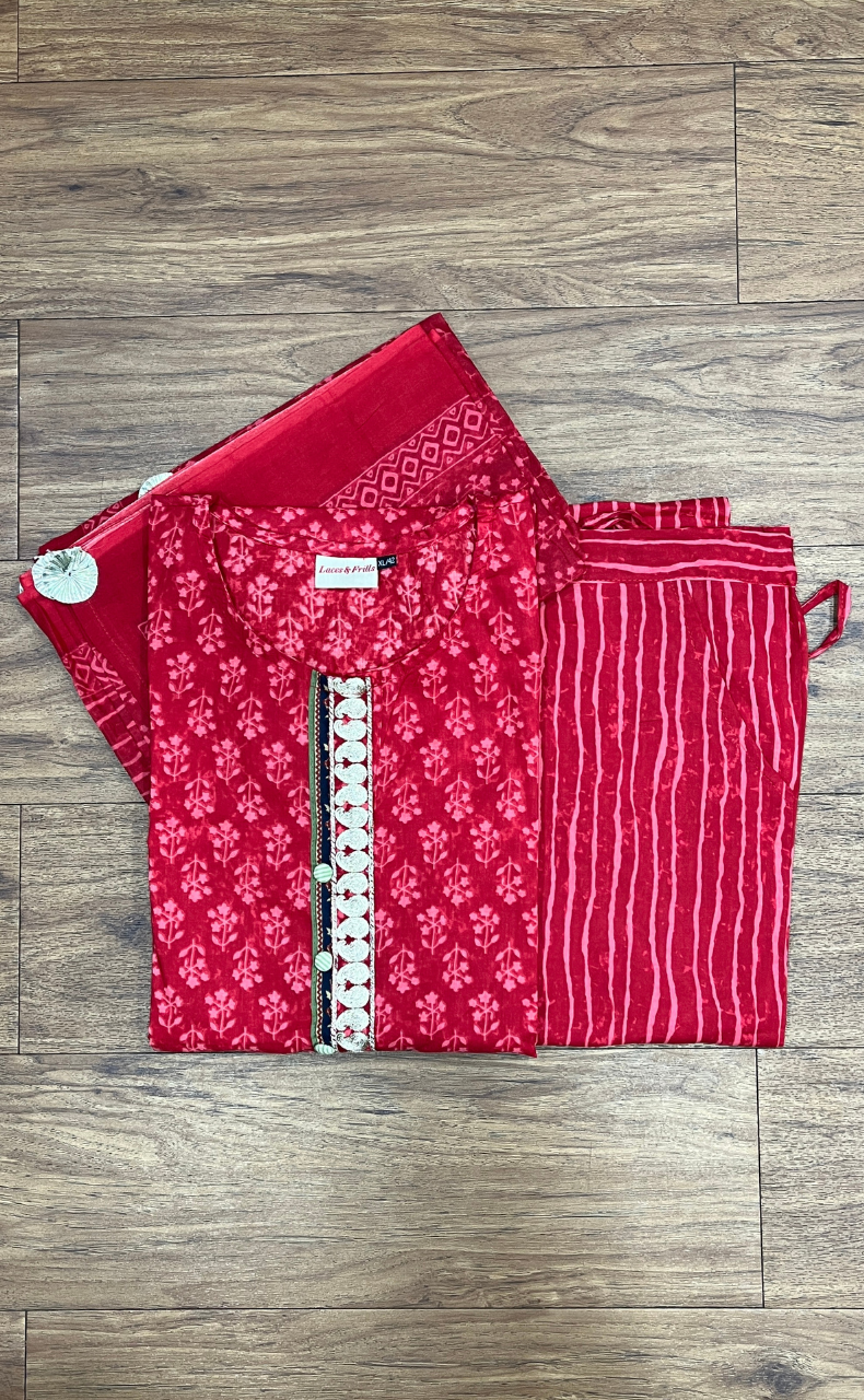 Red Floral Cotton Kurti With Pant And Dupatta Set. Pure Versatile Cotton. | Laces and Frills - Laces and Frills