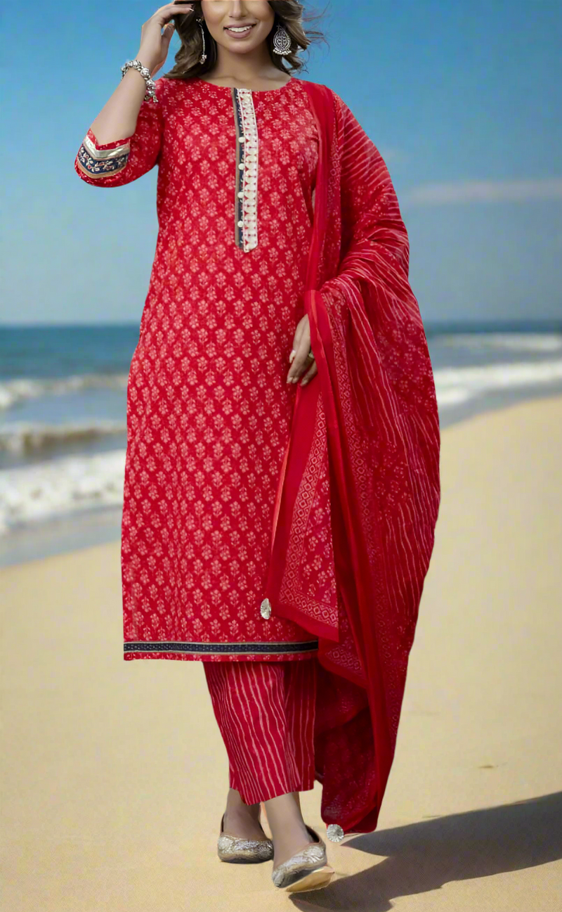 Red Floral Cotton Kurti With Pant And Dupatta Set. Pure Versatile Cotton. | Laces and Frills