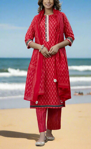 Red Floral Cotton Kurti With Pant And Dupatta Set. Pure Versatile Cotton. | Laces and Frills
